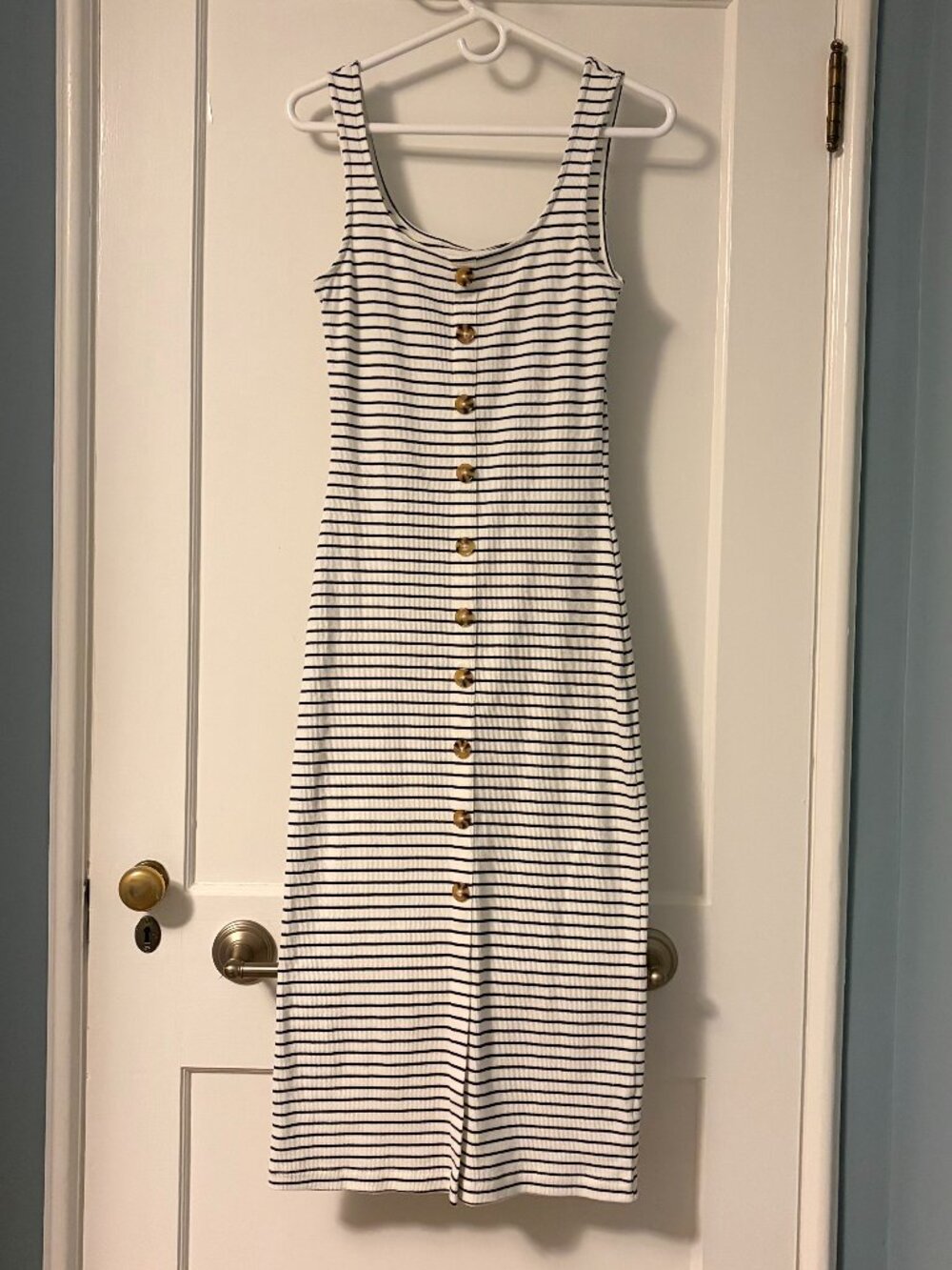 Every black white striped button front midi dress size small classic preppy
